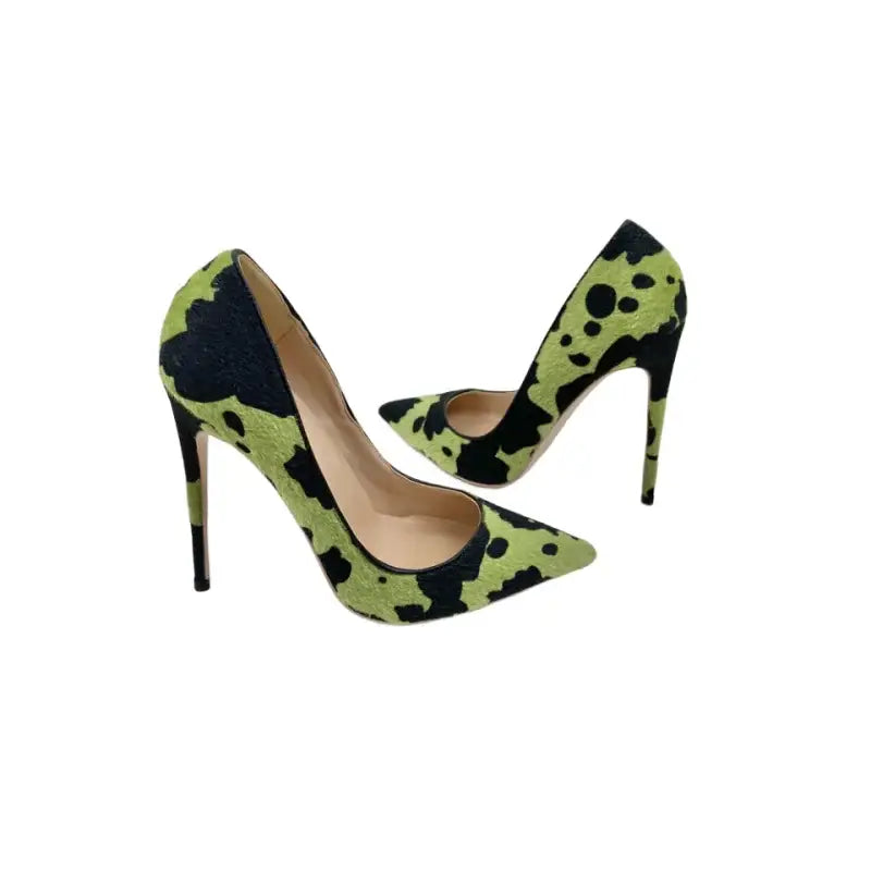 Green black plush pointed high heels stiletto - pumps