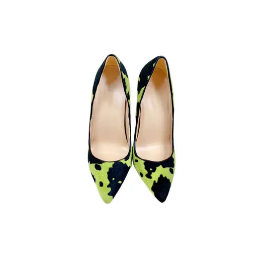 Green black plush pointed high heels stiletto - pumps