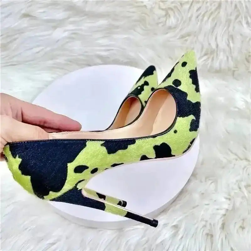 Green Black Plush Pointed High Heels Stiletto - Fashionfitz
