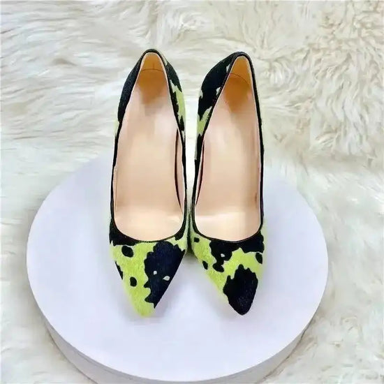 Green Black Plush Pointed High Heels Stiletto - Fashionfitz