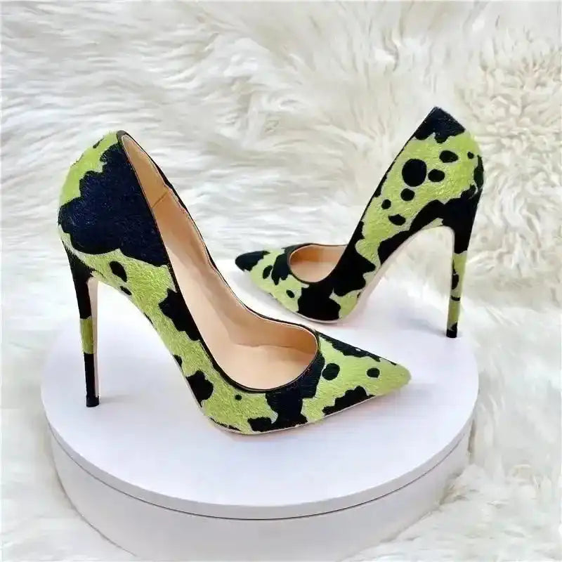 Green Black Plush Pointed High Heels Stiletto - Fashionfitz