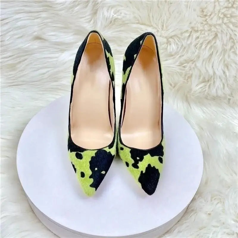 Green black plush pointed high heels stiletto - 8cm / 33 - pumps