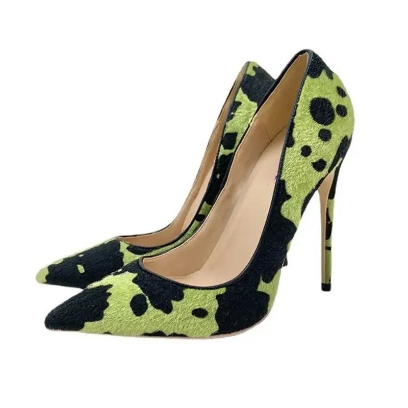 Green black plush pointed high heels stiletto - pumps