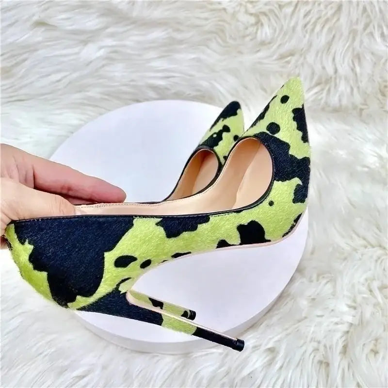 Green black plush pointed high heels stiletto - pumps