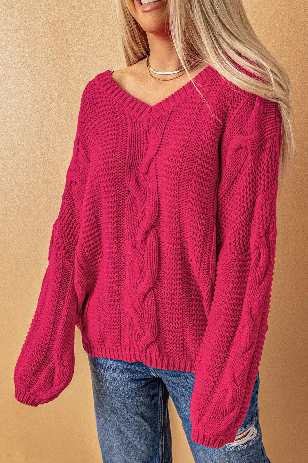 Green bubblegum v-neck braided knit sweater - rose / s / 60% cotton + 40% acrylic - sweaters & cardigans