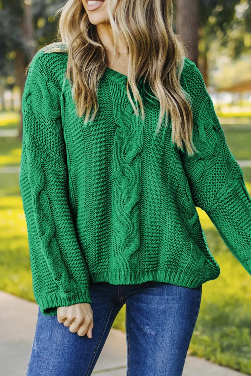 Green bubblegum v-neck braided knit sweater - s / 60% cotton + 40% acrylic - sweaters & cardigans