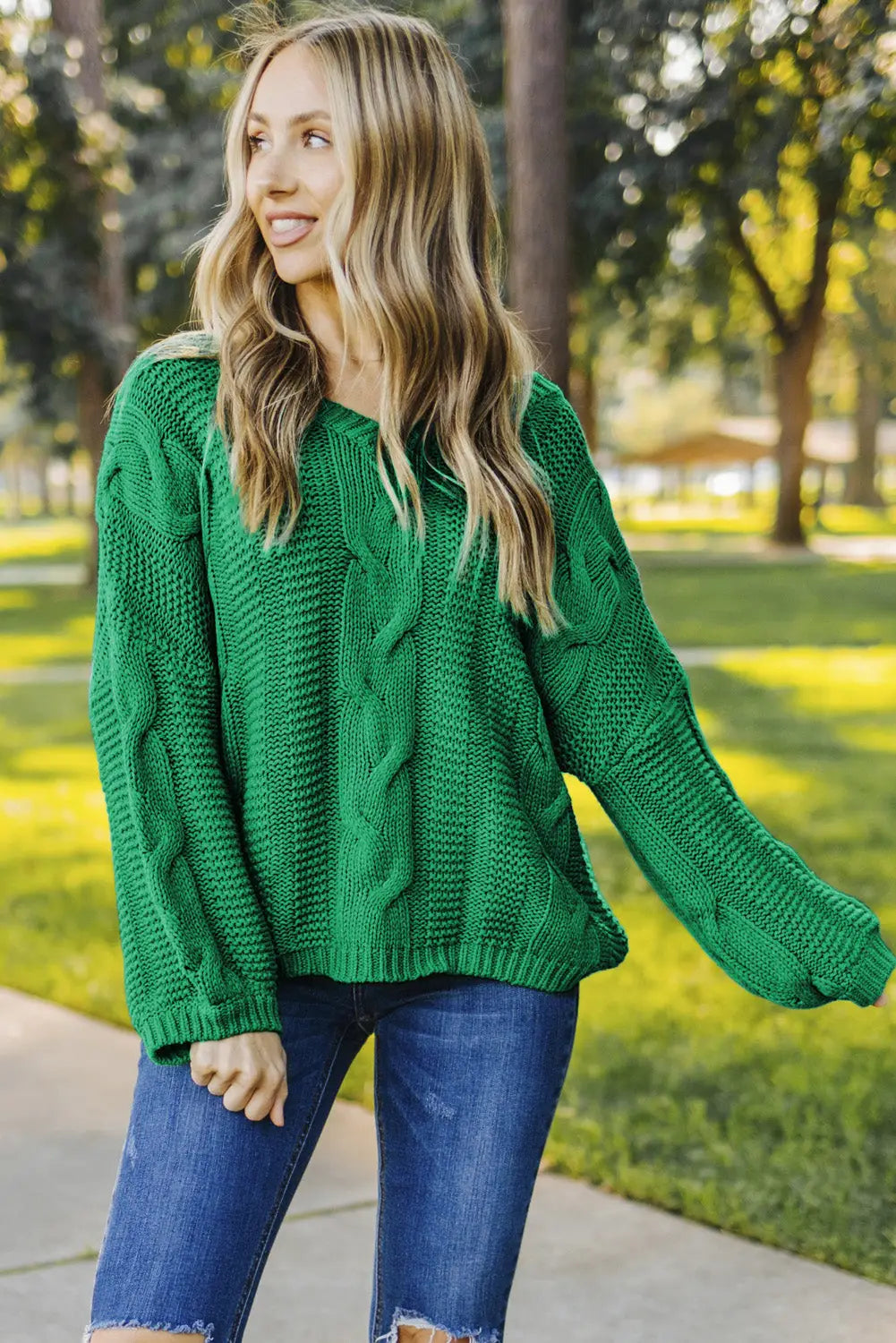 Green bubblegum v-neck braided knit sweater - sweaters & cardigans