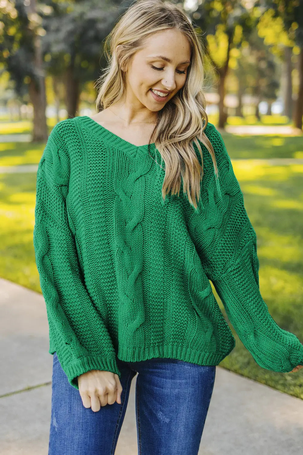 Green bubblegum v-neck braided knit sweater - sweaters & cardigans
