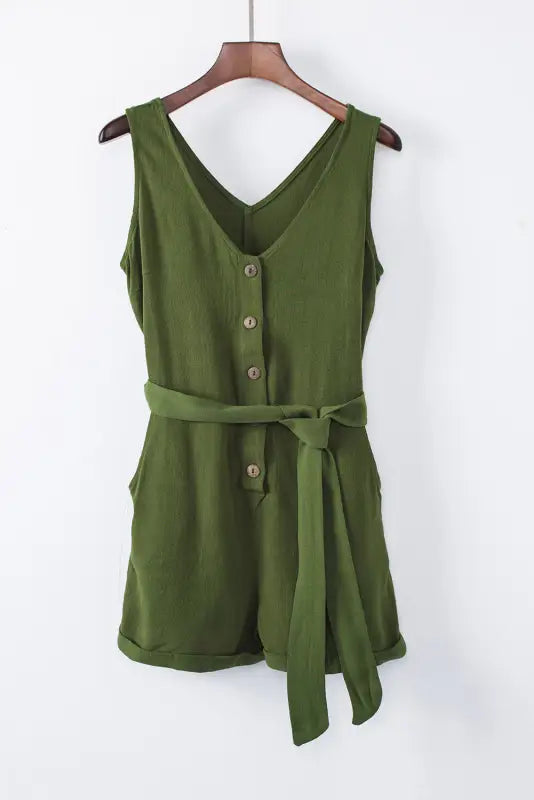 Green button v-neck romper with belt - rompers