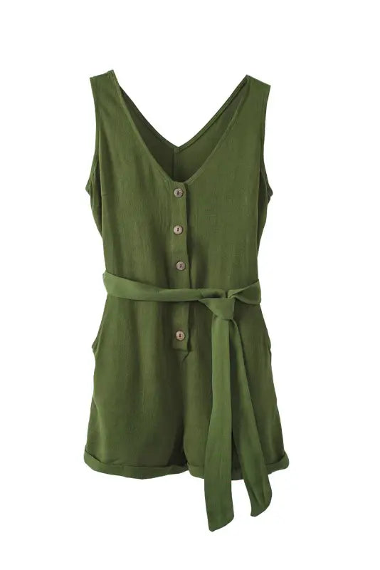 Green button v-neck romper with belt - rompers