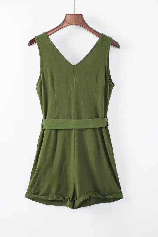 Green button v-neck romper with belt - rompers