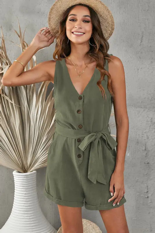 Green button v-neck romper with belt - rompers