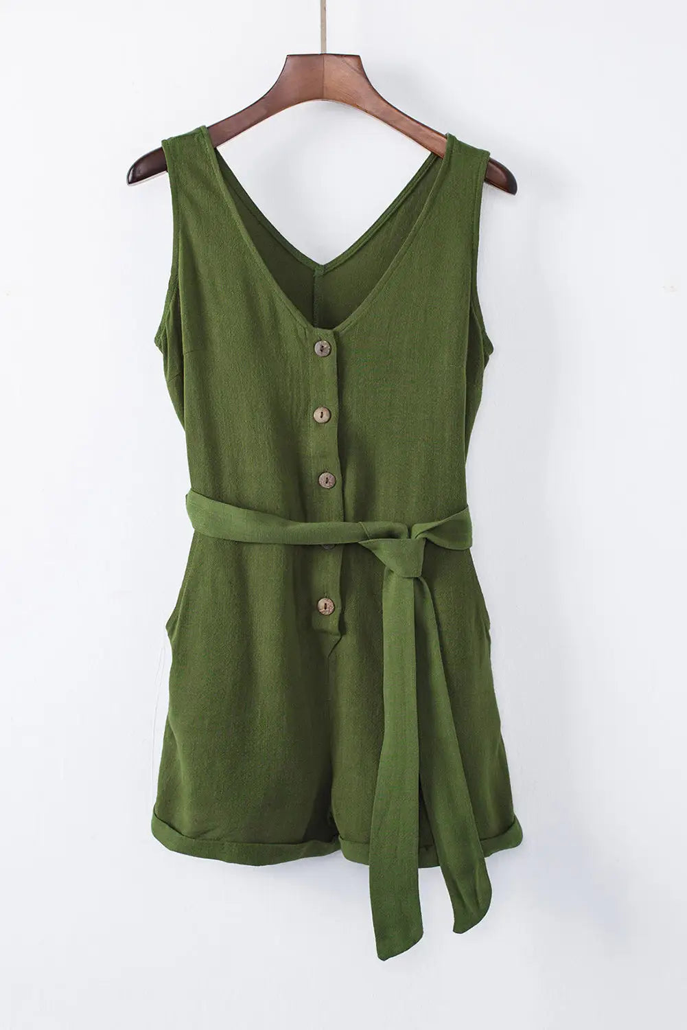 Green button v neck romper with belt - jumpsuits & rompers