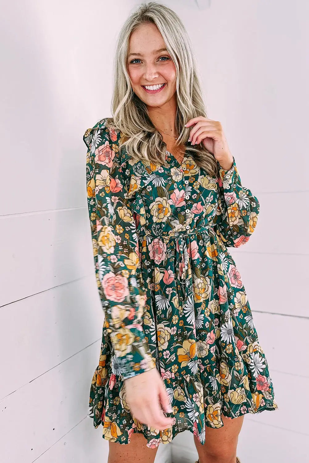 Green buttoned bodice ruffled floral dress - dresses