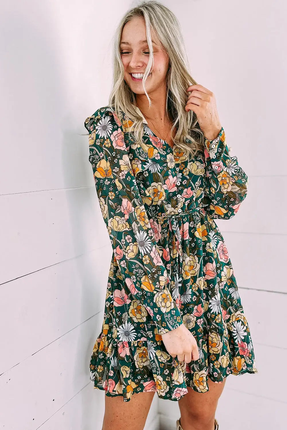 Green buttoned bodice ruffled floral dress - dresses