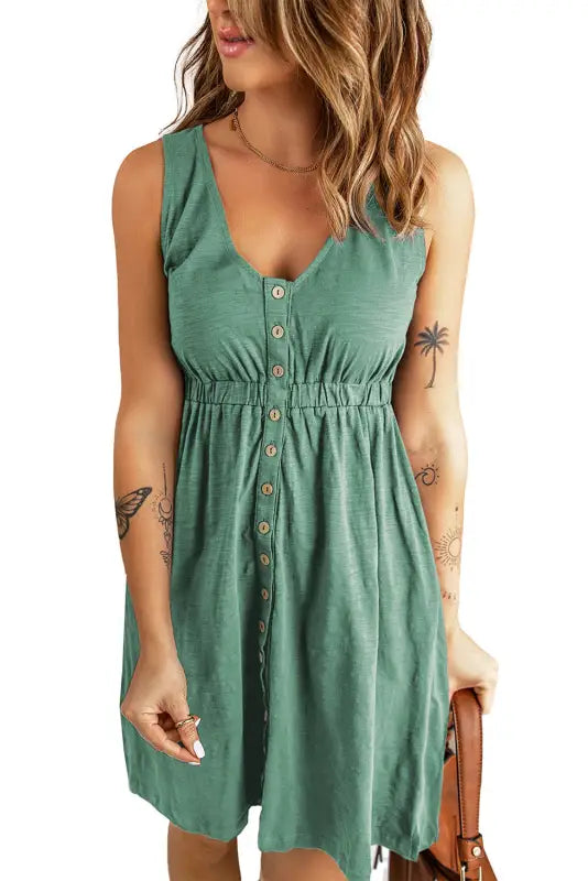 Green buttons sleeveless high waist mini dress - dresses