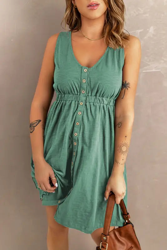 Green buttons sleeveless high waist mini dress - dresses