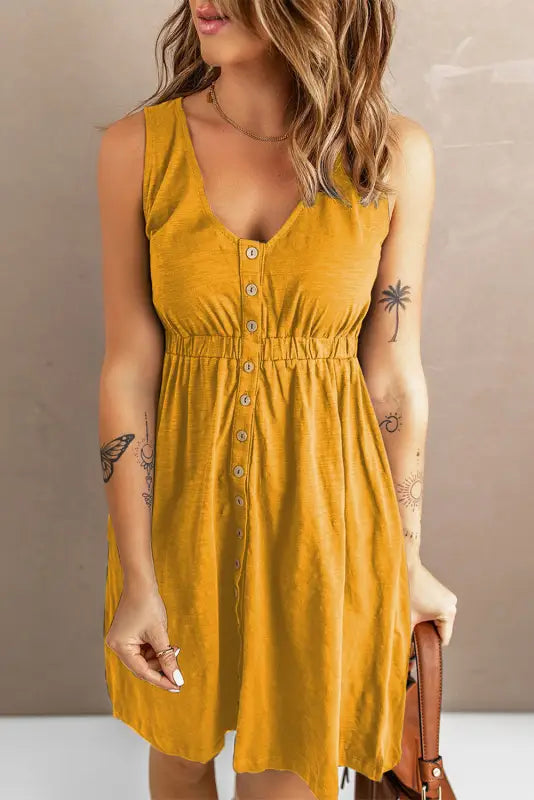 Green buttons sleeveless high waist mini dress - dresses