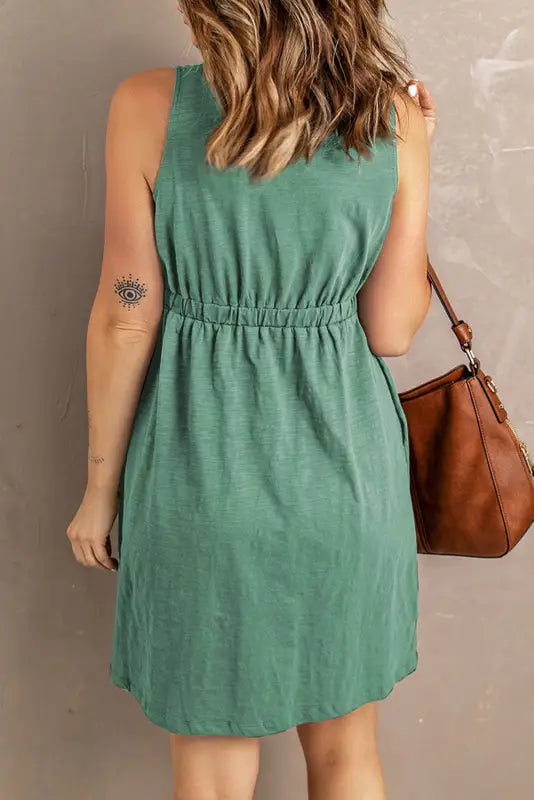 Green buttons sleeveless high waist mini dress - dresses