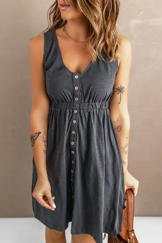 Green buttons sleeveless high waist mini dress - gray / s / 95% polyester + 5% elastane - dresses