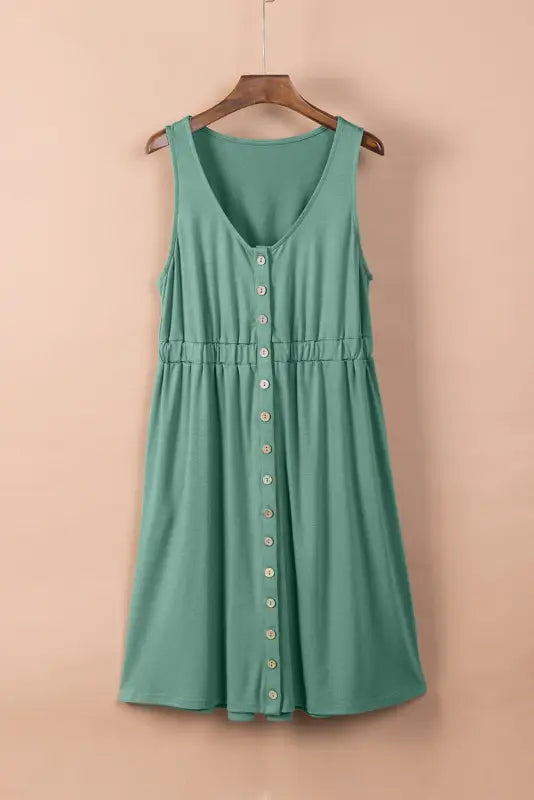 Green buttons sleeveless high waist mini dress - dresses