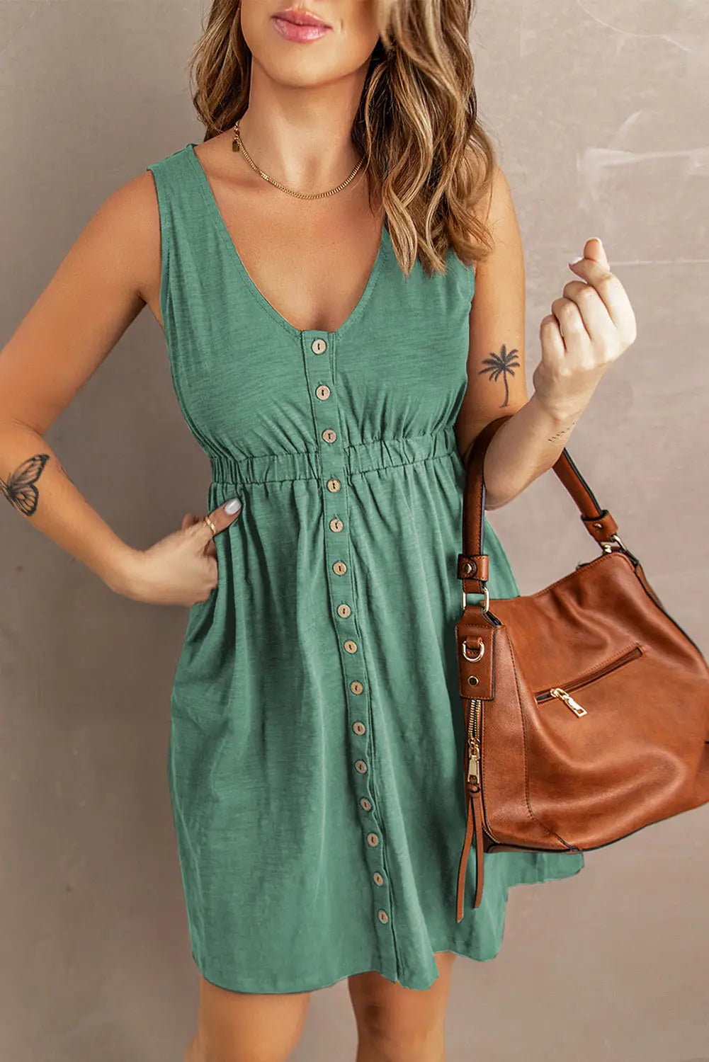 Green buttons sleeveless high waist mini dress - s / 95% polyester + 5% elastane - dresses