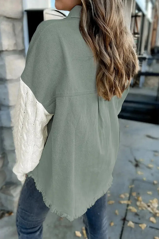 Green Cable Knit Sleeve Raw Hem Shacket - Fashionfitz