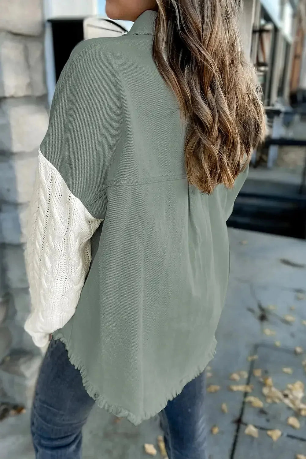 Green Cable Knit Sleeve Raw Hem Shacket - Fashionfitz
