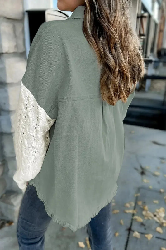 Green Cable Knit Sleeve Raw Hem Shacket - Fashionfitz