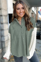 Green Cable Knit Sleeve Raw Hem Shacket - Fashionfitz