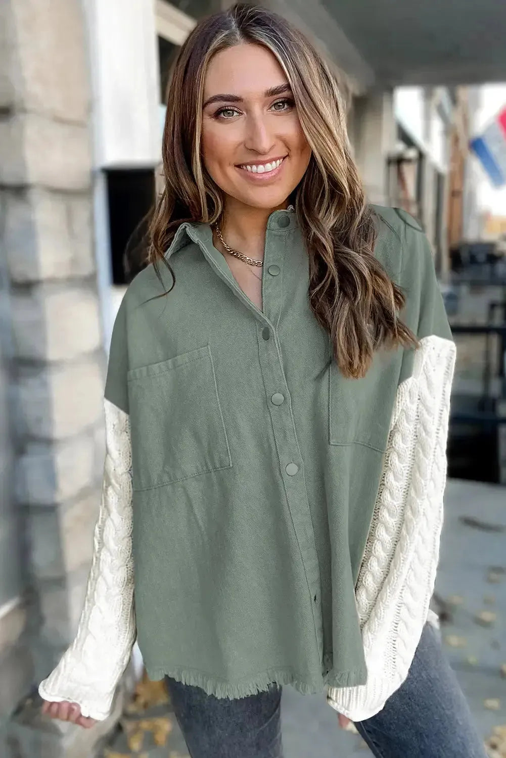 Green Cable Knit Sleeve Raw Hem Shacket - Fashionfitz