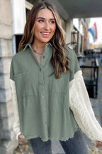 Green Cable Knit Sleeve Raw Hem Shacket - Fashionfitz