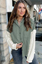 Green Cable Knit Sleeve Raw Hem Shacket - Fashionfitz