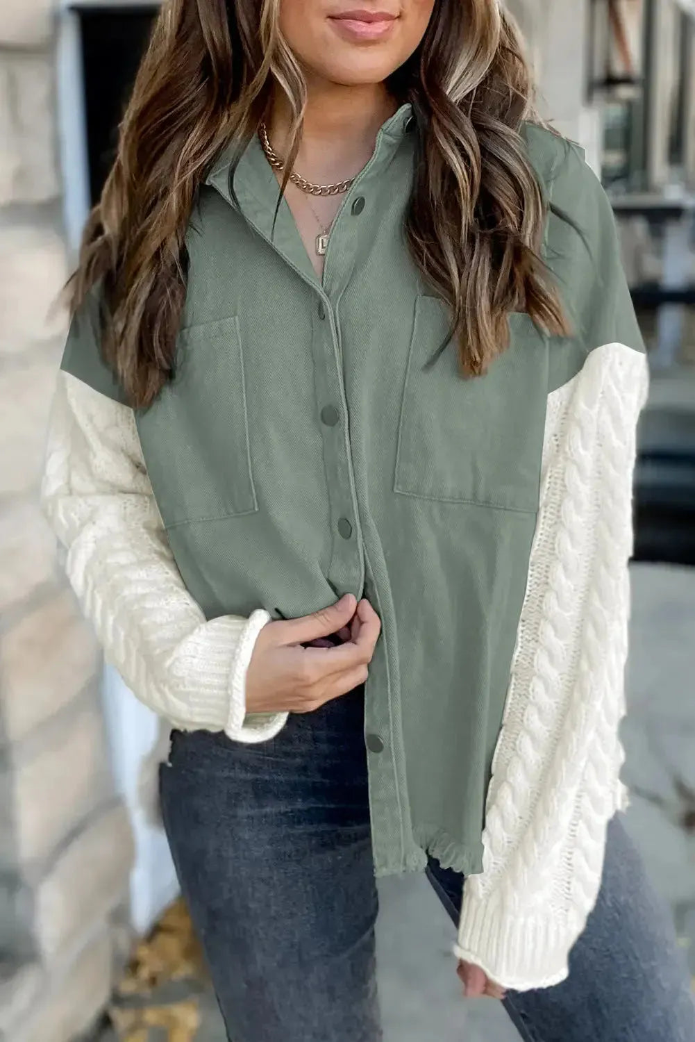 Green Cable Knit Sleeve Raw Hem Shacket - Fashionfitz