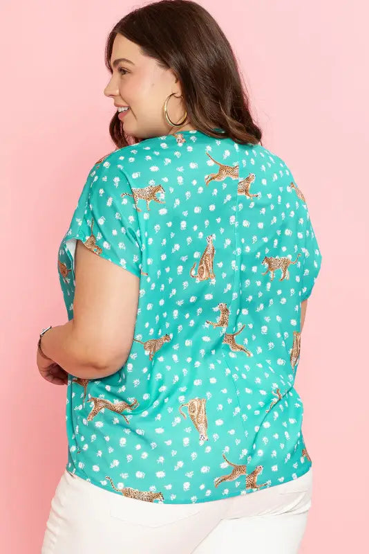 Green cheetah short sleeve plus top - size/plus size tops/plus tops & tees