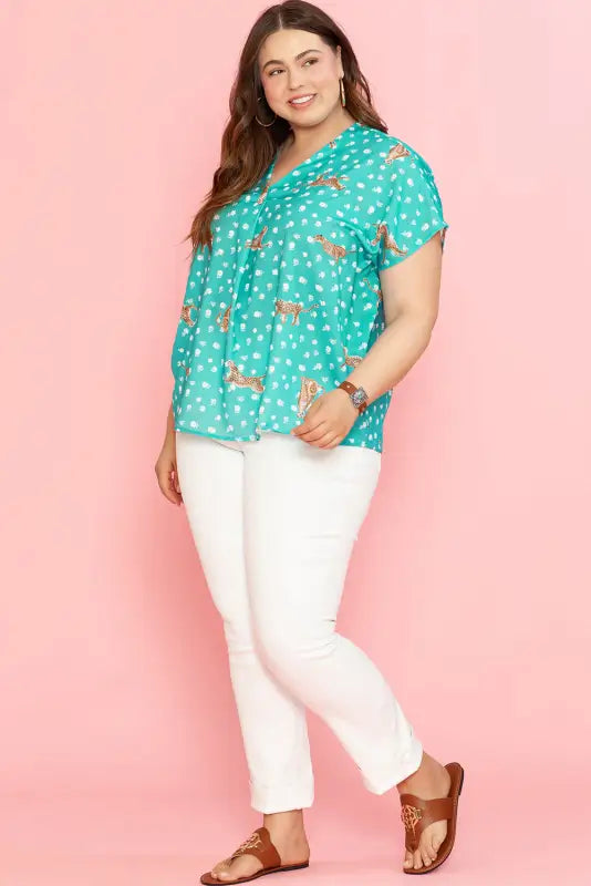 Green cheetah short sleeve plus top - size/plus size tops/plus tops & tees