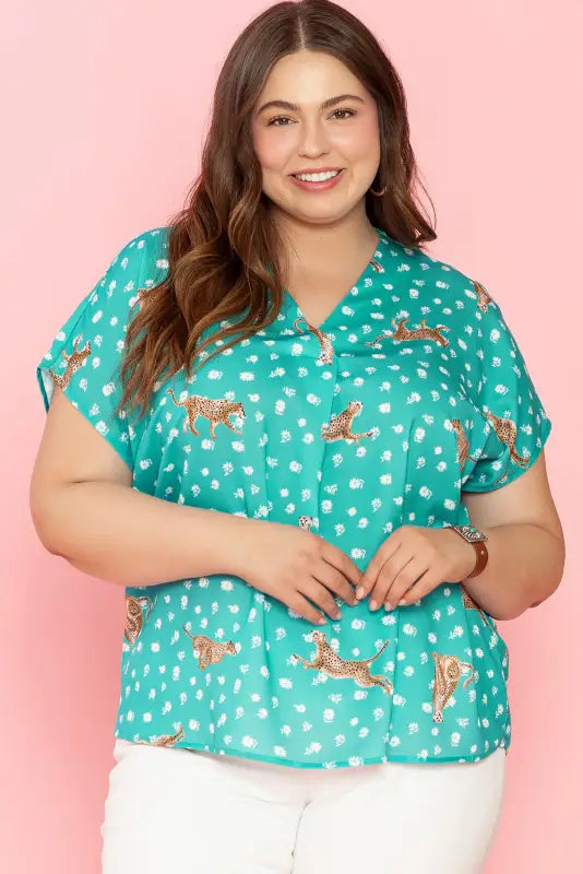 Green cheetah short sleeve plus top - size/plus size tops/plus tops & tees