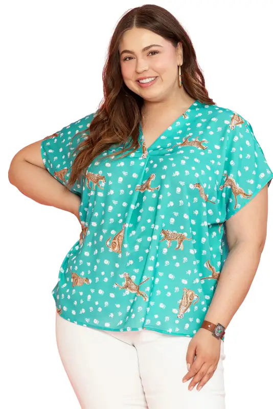 Green cheetah short sleeve plus top - size/plus size tops/plus tops & tees