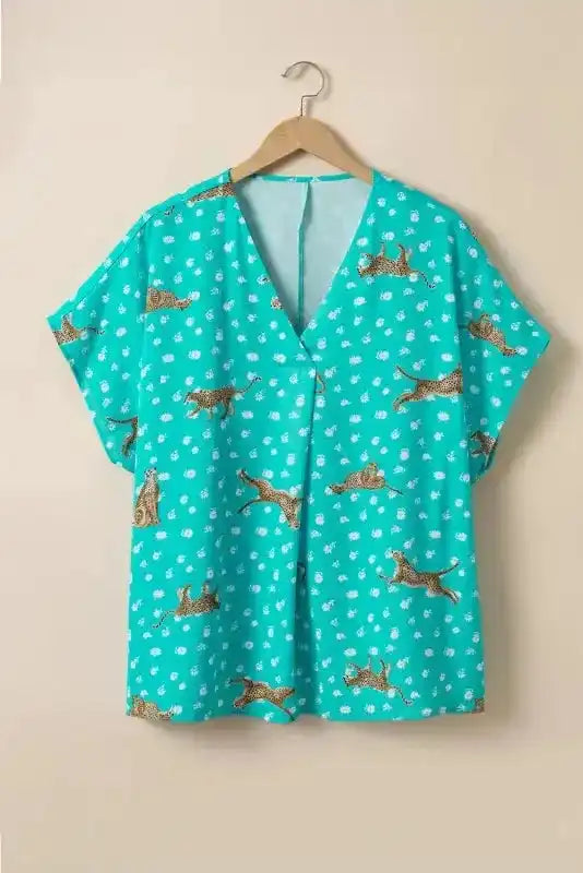 Green Cheetah Short Sleeve Plus Top - Fashionfitz