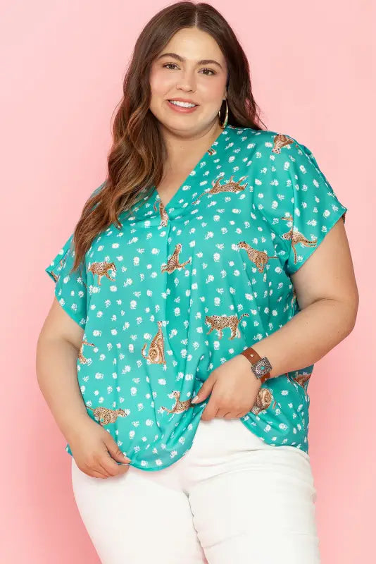 Green cheetah short sleeve plus top - size/plus size tops/plus tops & tees