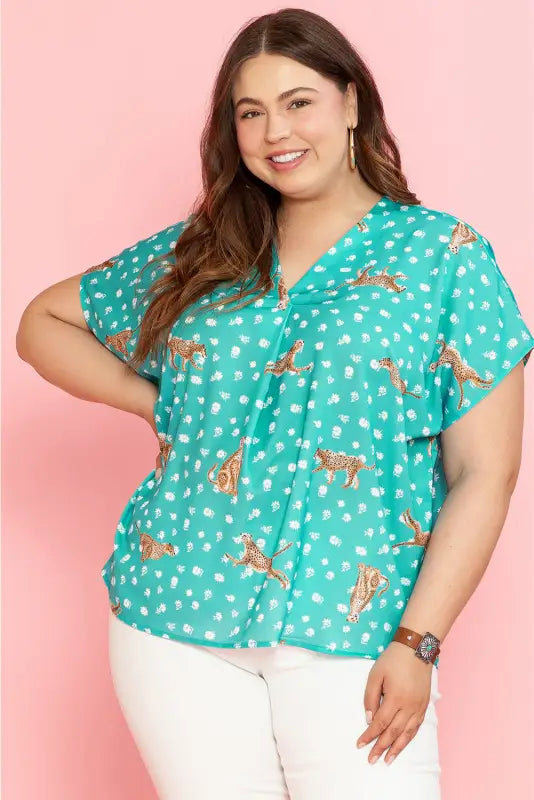 Green cheetah short sleeve plus top - size/plus size tops/plus tops & tees