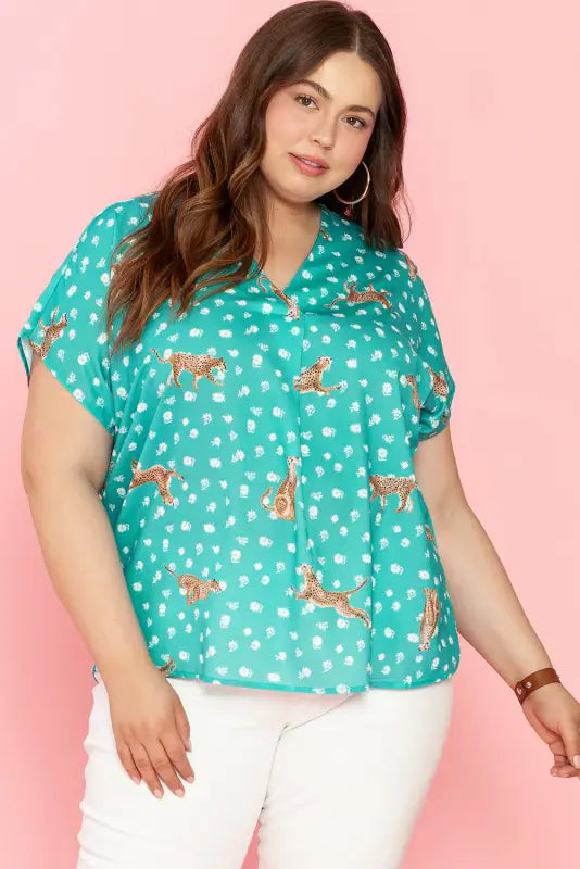 Green cheetah short sleeve plus top - size/plus size tops/plus tops & tees