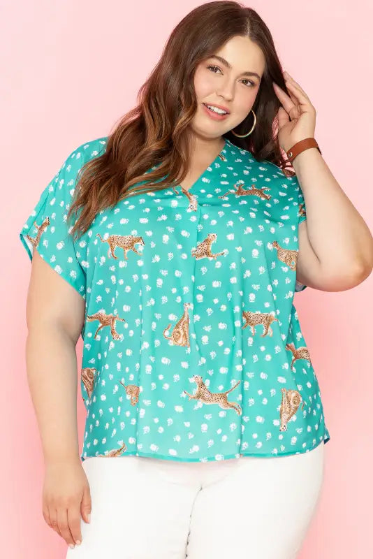 Green cheetah short sleeve plus top - size/plus size tops/plus tops & tees