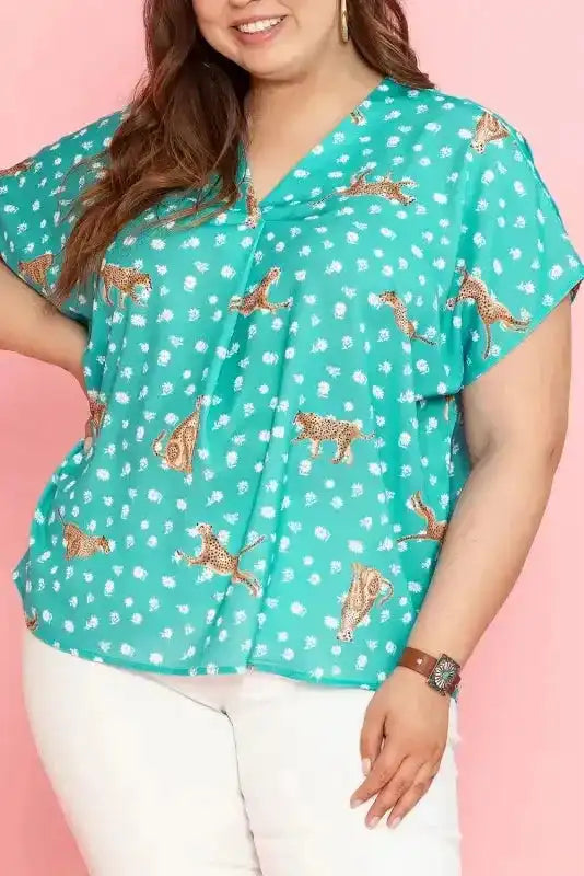 Green Cheetah Short Sleeve Plus Top - Fashionfitz