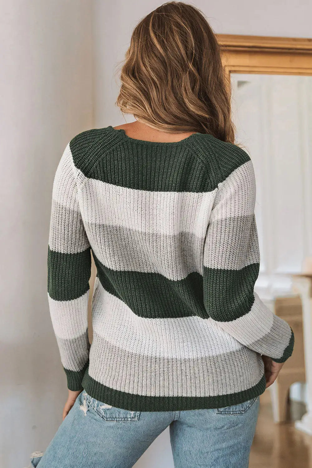 Green chevron color block striped knit pullover sweater - sweaters & cardigans