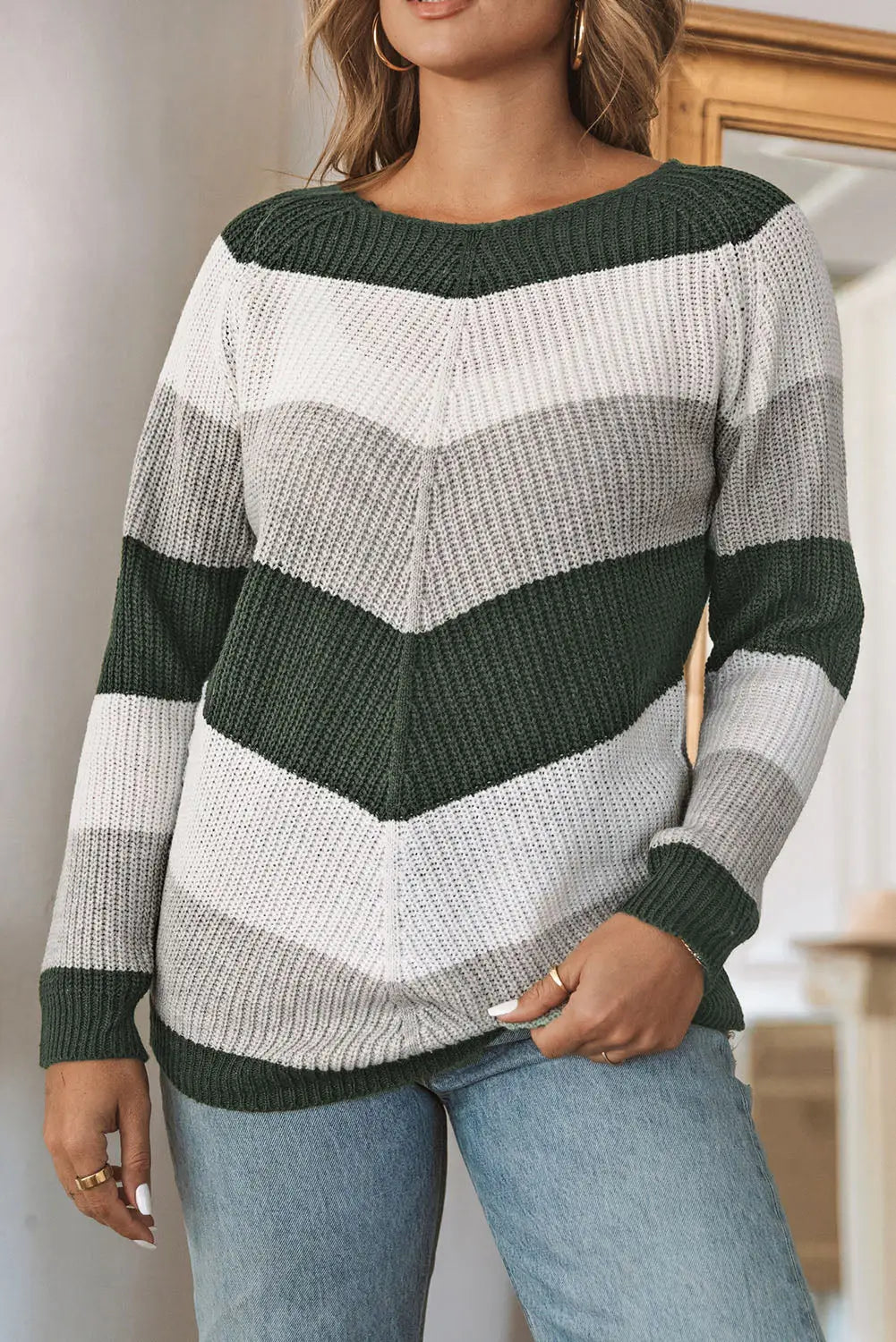 Green chevron color block striped knit pullover sweater - sweaters & cardigans