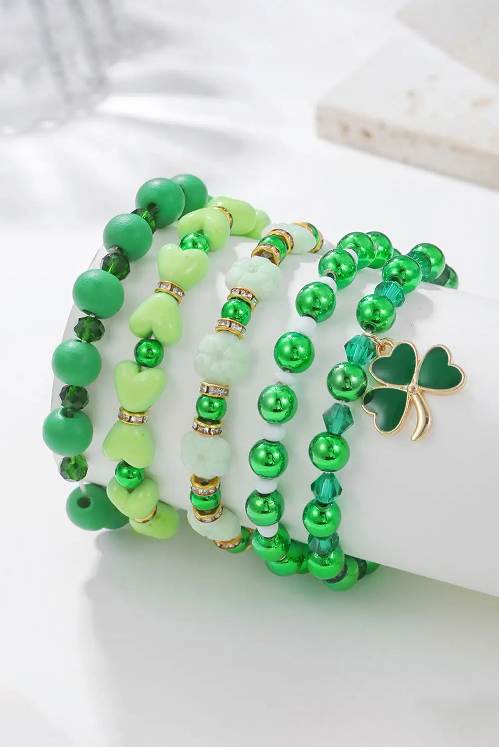 Green clover pendant beaded 5pcs bracelet set - one size / alloy - bracelets