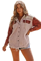 Green Color Block Button Down Hooded Corduroy Jacket - Fashionfitz