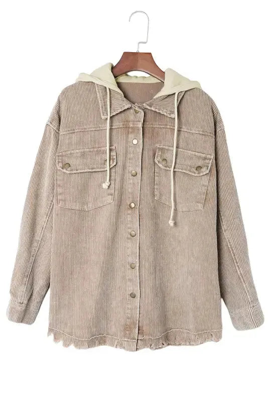 Green color block button down hooded corduroy jacket - jackets