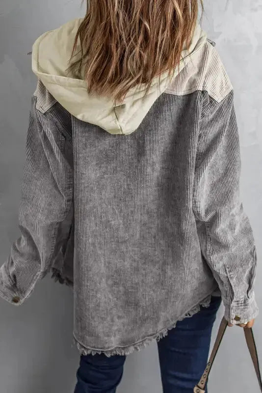 Green color block button down hooded corduroy jacket - jackets